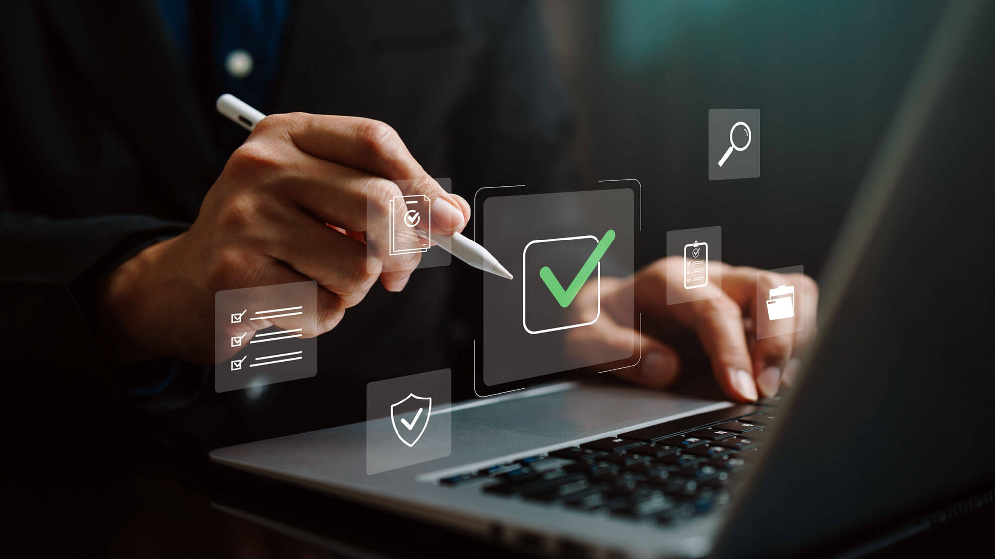 Hand using stylus on laptop with digital checkmark and checklist icon, representing approval workflow, task completion, compliance review, quality control, verification process, business management